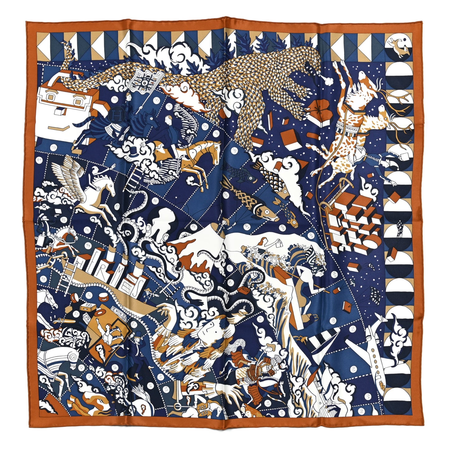 Silk Vintage L Epopee D Hermes Detail Scarf 70 Marine Caramel White