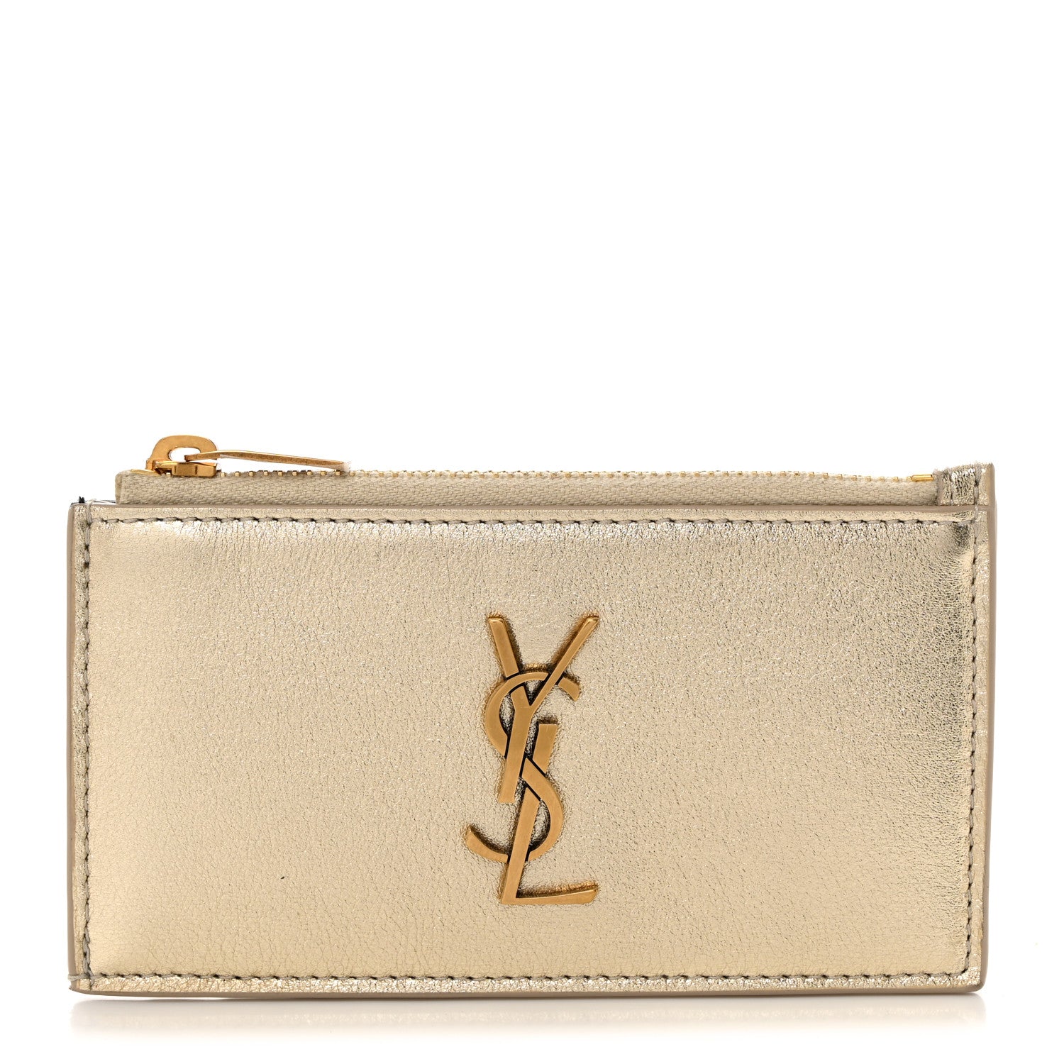 Saint Laurent Metallic Calfskin Monogram Fragments Zippered Card Case Platino 1 of 7
