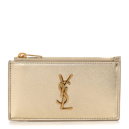 Saint Laurent Metallic Calfskin Monogram Fragments Zippered Card Case Platino 1 of 7