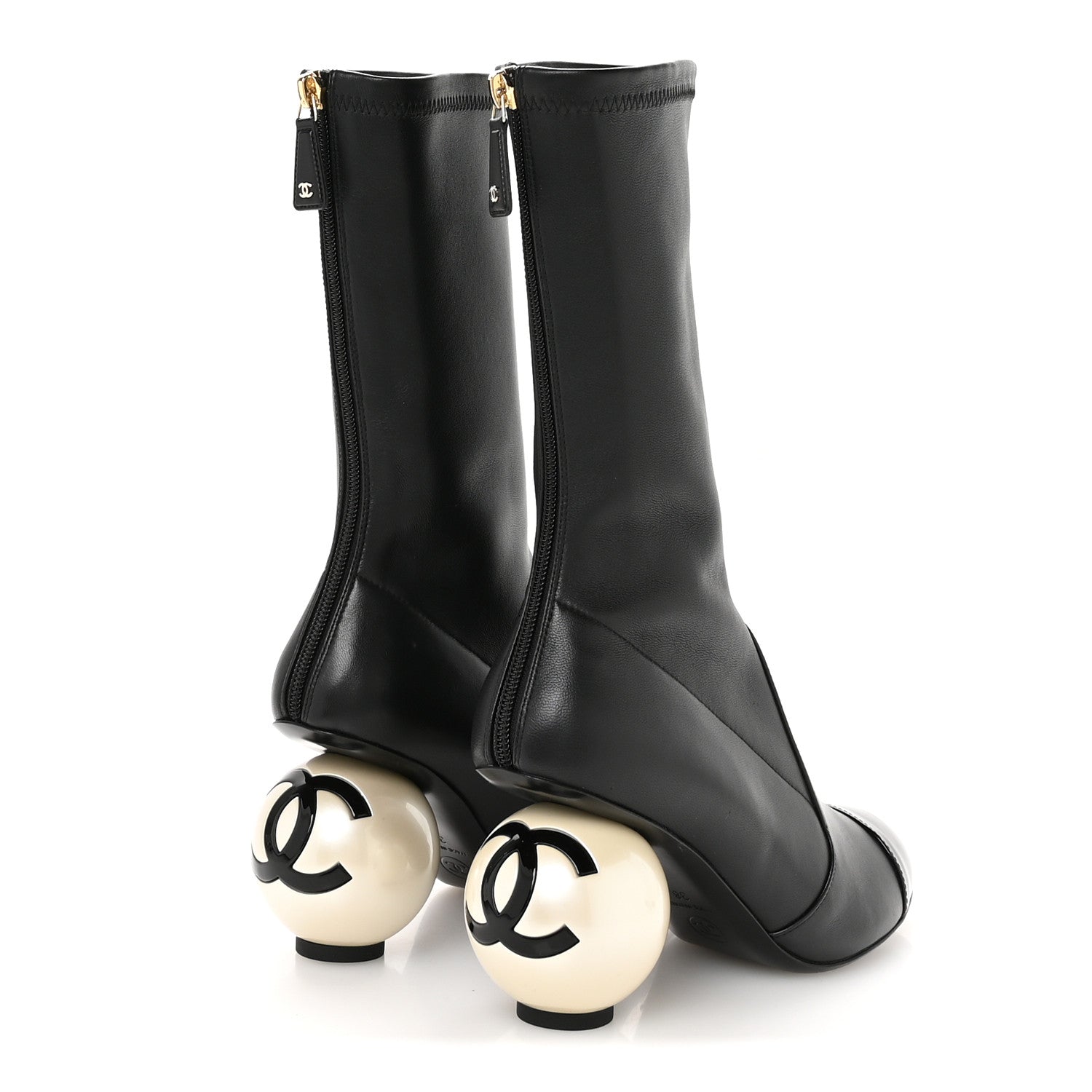 Chanel Stretch Lambskin Patent Cap Toe Pearl Ball Mid Calf Boots 38 Black 5 of 9