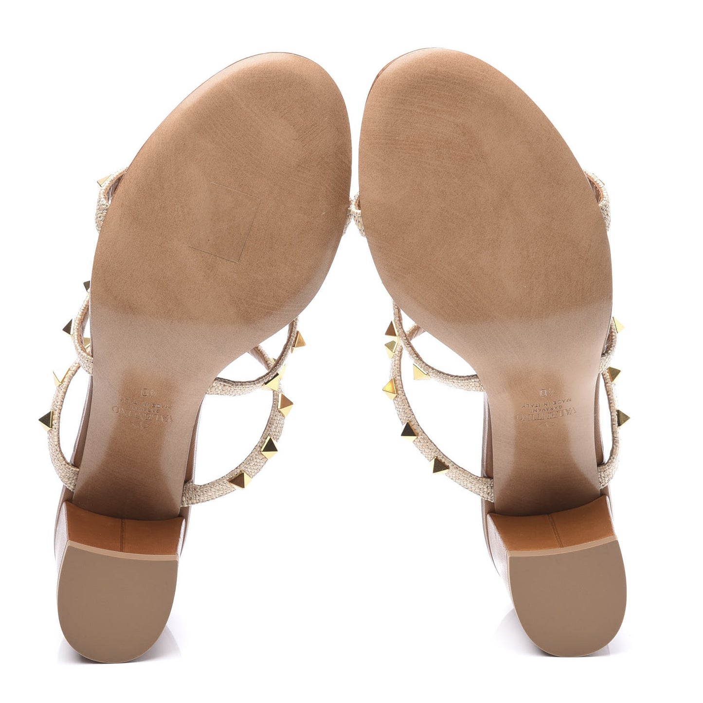 Raffia Calfskin Rockstud 60mm Caged Slide Sandals 40 Naturale