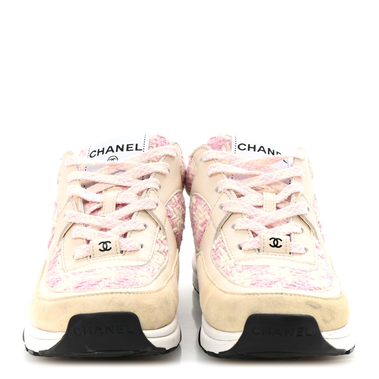 Chanel Tweed Suede Calfskin Womens CC Sneakers 35 Pink Ecru 3 of 9