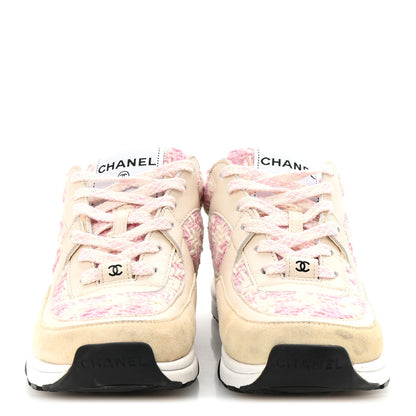 Chanel Tweed Suede Calfskin Womens CC Sneakers 35 Pink Ecru 3 of 9