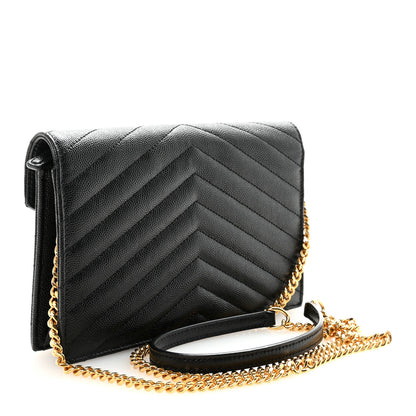 Saint Laurent Grain De Poudre Matelasse Chevron Monogram Envelope Chain Wallet Black 3 of 9