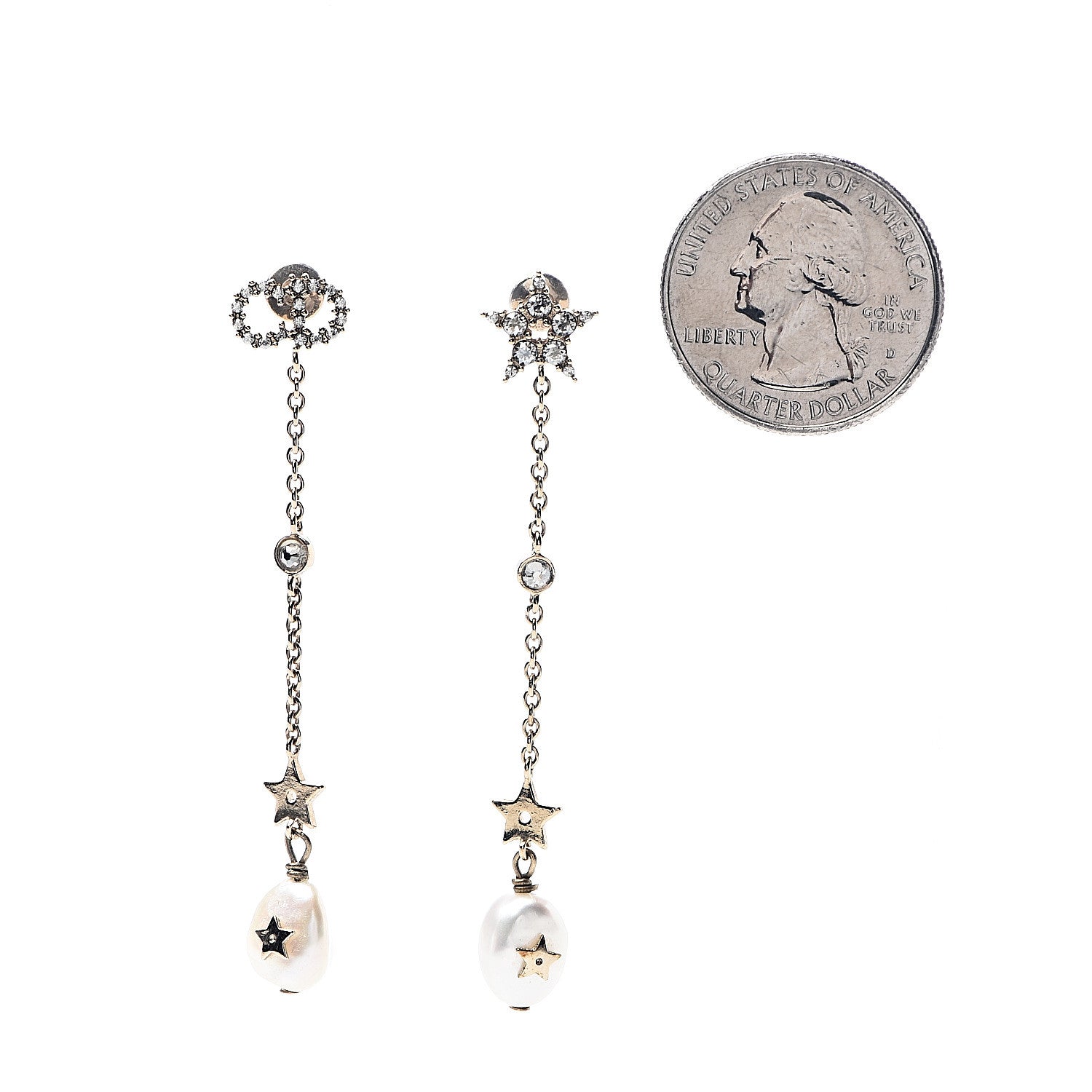 Christian Dior Pearl Crystal Shiny-D Dangle Chain Earrings Gold 2 of 4