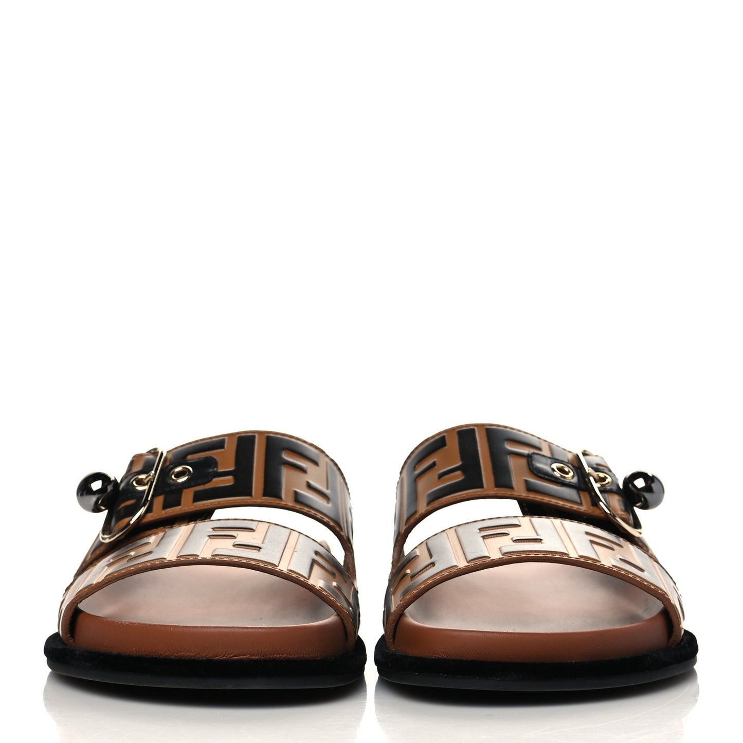 Calfskin FF Embossed Pearland Slide Sandals 39 Tobacco Moro