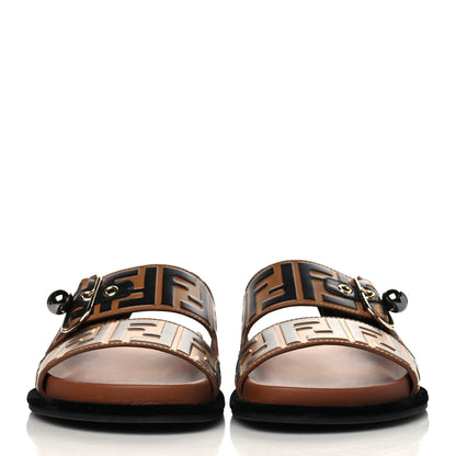 Fendi Calfskin FF Embossed Pearland Slide Sandals 39 Tobacco Moro 2 of 8