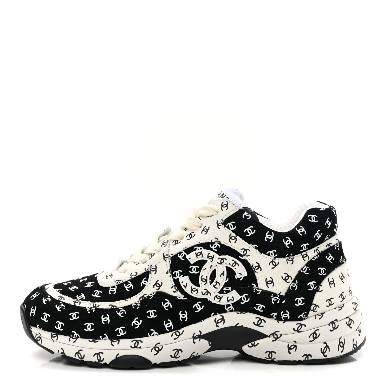 Chanel Nylon Suede Calfskin Printed CC Sneakers 35 White Black 1 of 9