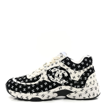 Chanel Nylon Suede Calfskin Printed CC Sneakers 35 White Black 1 of 9