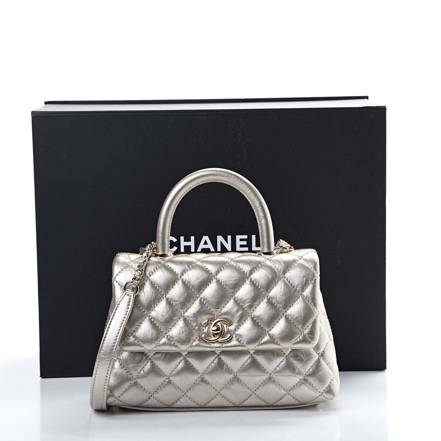 Metallic Aged Calfskin Quilted Mini Coco Handle Flap Gold