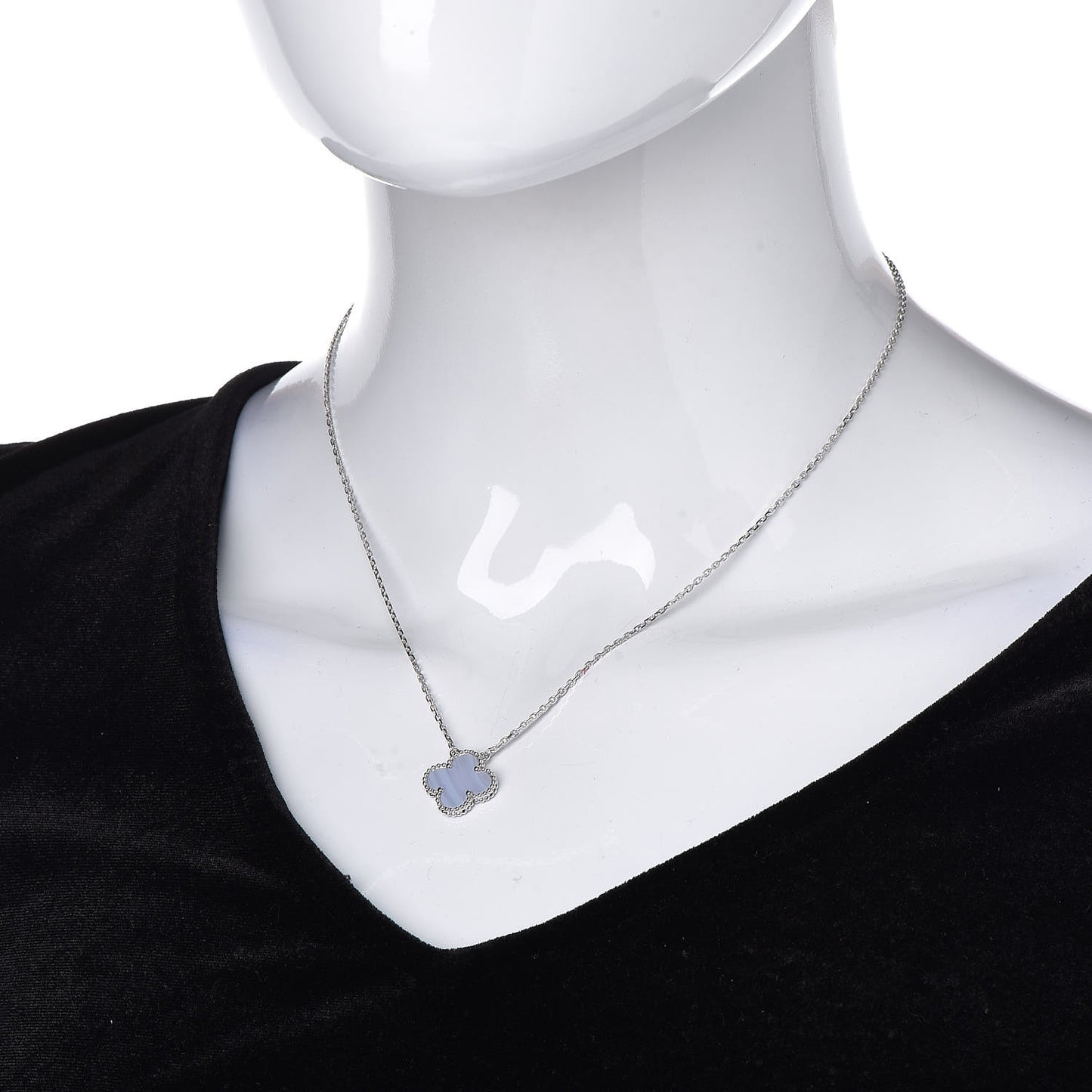 18K White Gold Chalcedony Vintage Alhambra Pendant Necklace