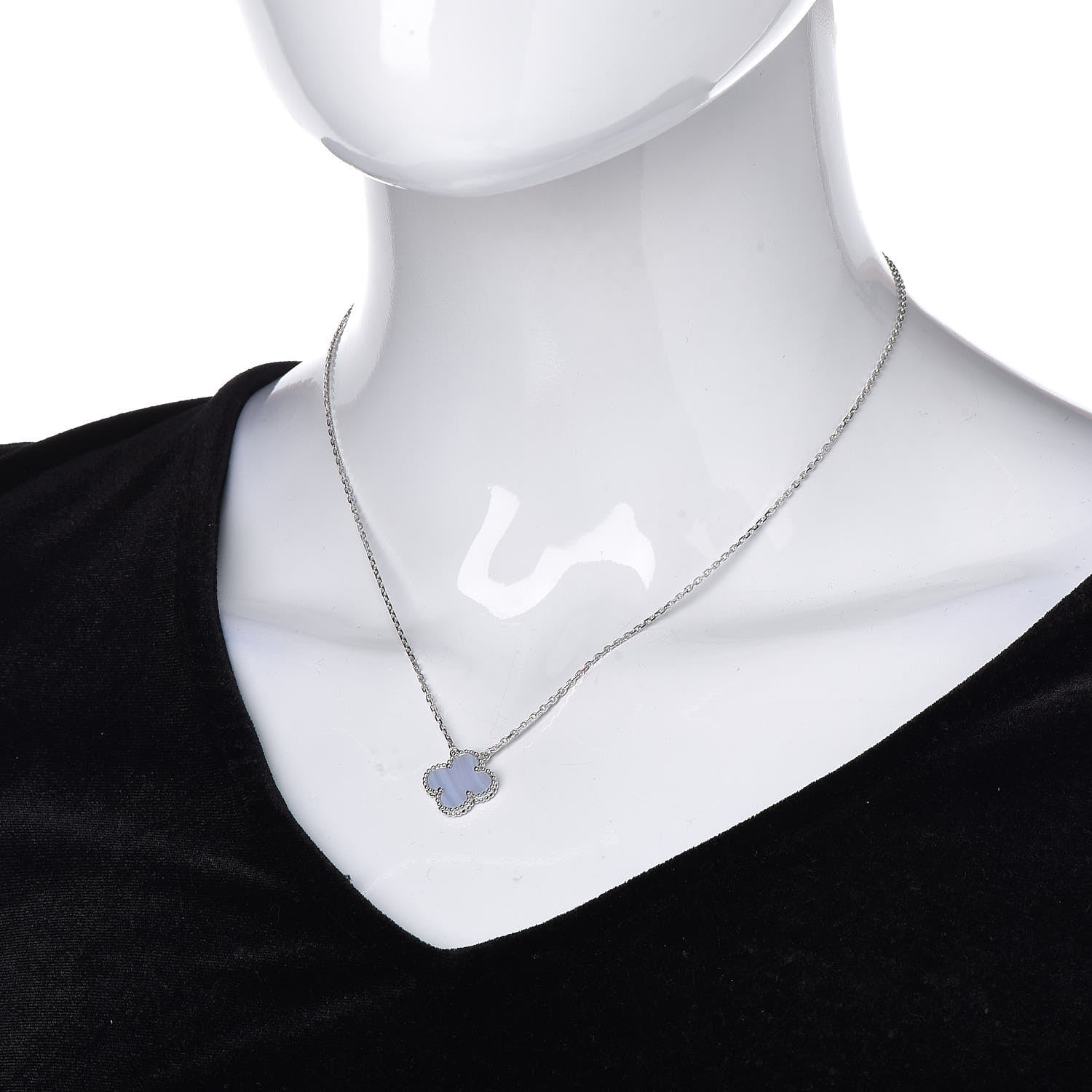 Van Cleef & Arpels 18K White Gold Chalcedony Vintage Alhambra Pendant Necklace 2 of 8