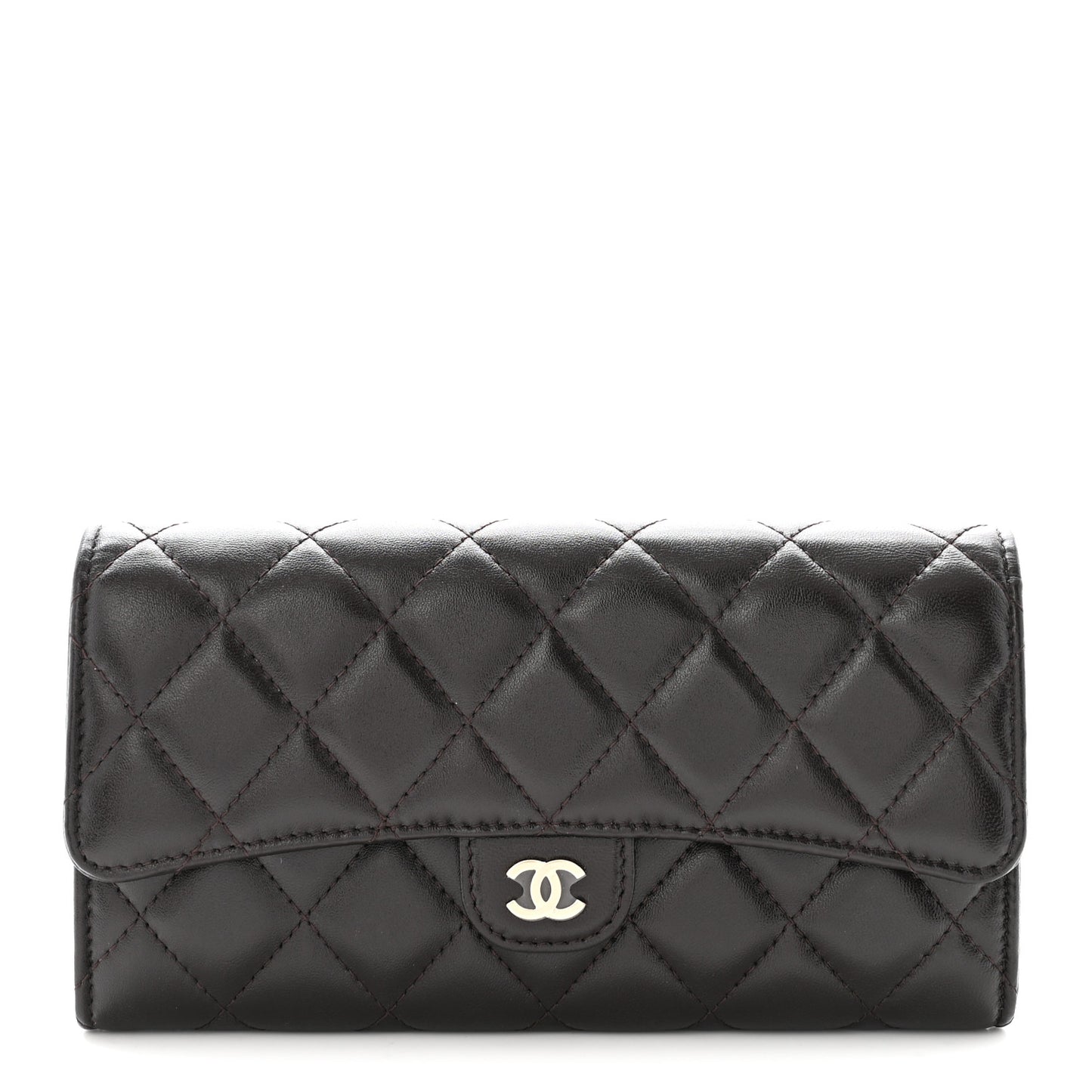 Lambskin Quilted Large Gusset Flap Wallet Dark Brown