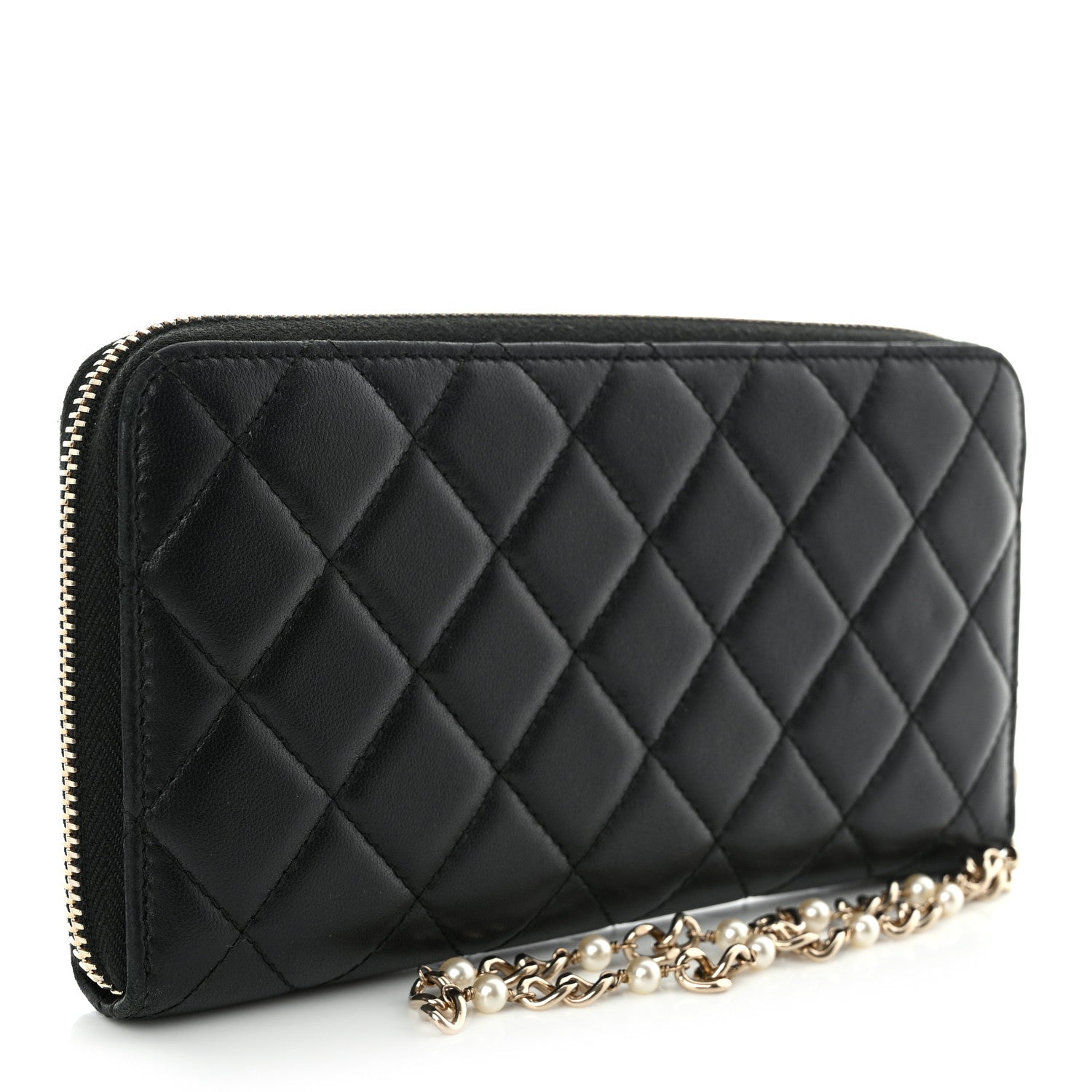 Chanel Lambskin Zip Around Large Gusset Wallet With Pearl Chain Black 3 of 12