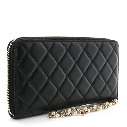 Chanel Lambskin Zip Around Large Gusset Wallet With Pearl Chain Black 3 of 12