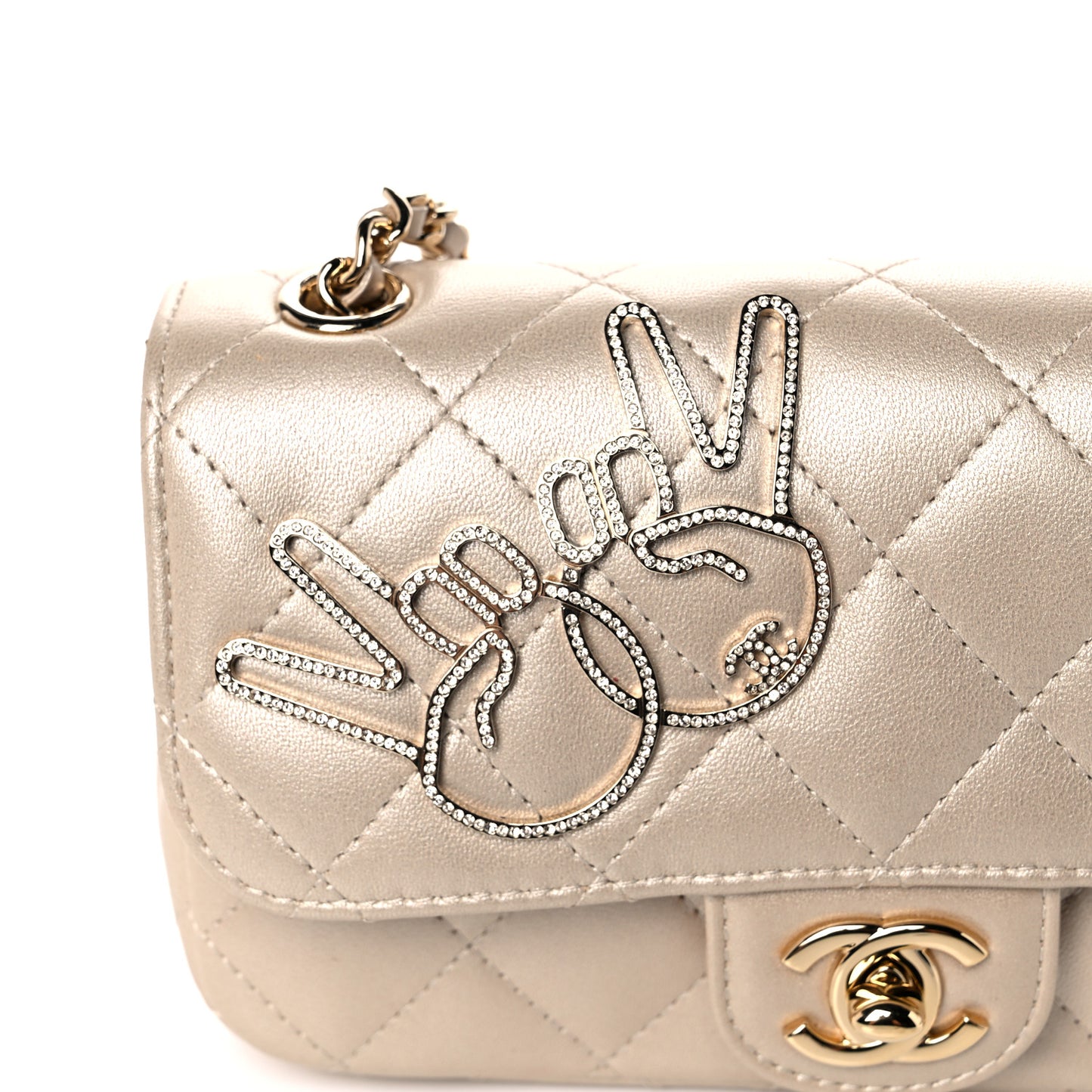 Metallic Lambskin Quilted Extra Mini V For Victory Flap Light Gold