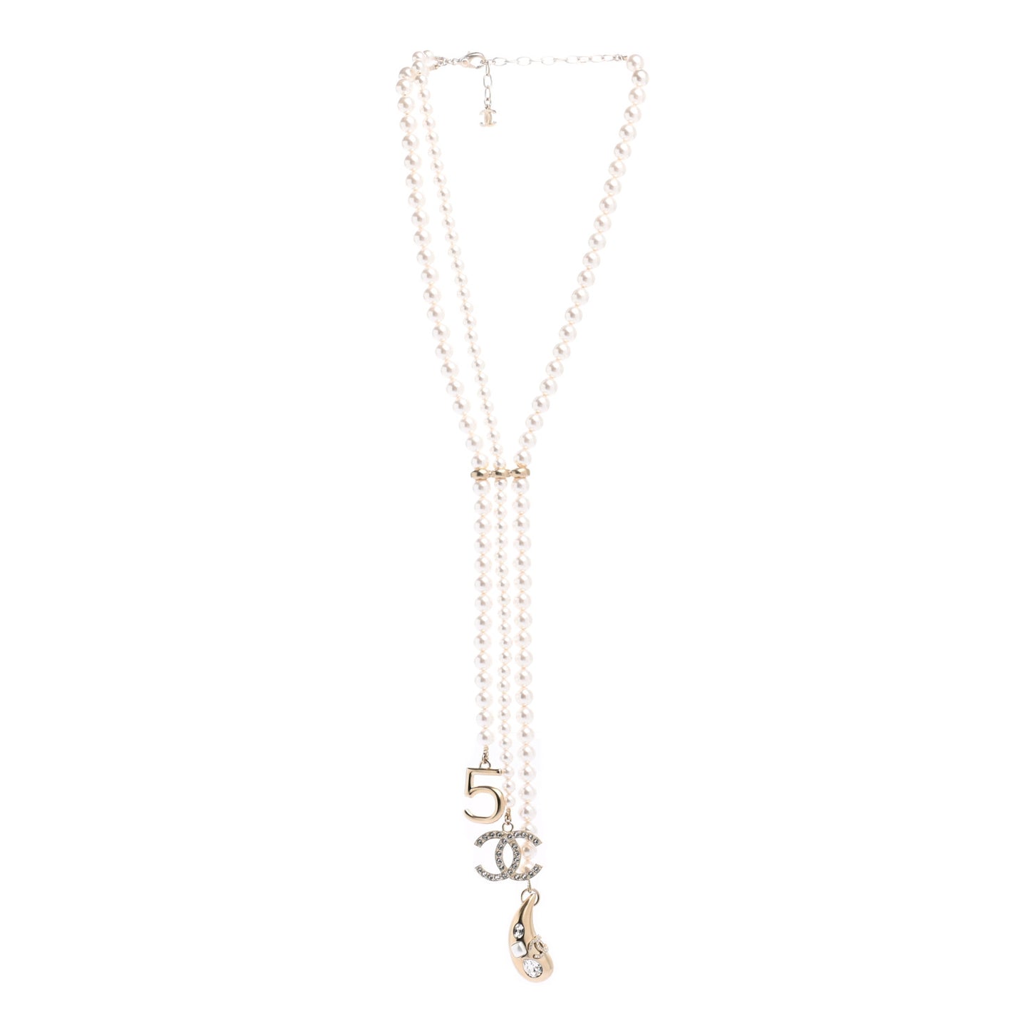 Pearl Beaded CC Charm Drop Multi Strand Lariat Necklace Pearly White Gold