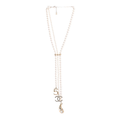 Chanel Pearl Beaded CC Charm Drop Multi Strand Lariat Necklace Pearly White Gold 3 of 7