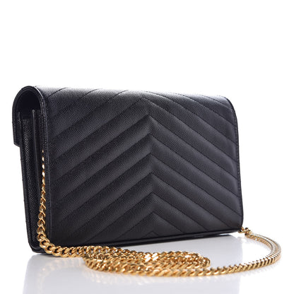 Saint Laurent Grain De Poudre Matelasse Chevron Monogram Chain Wallet Black 3 of 8