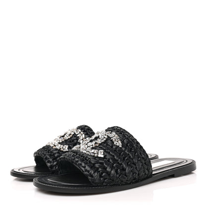 Chanel Raffia Crystal CC Mules Sandals 38.5 Black 3 of 9