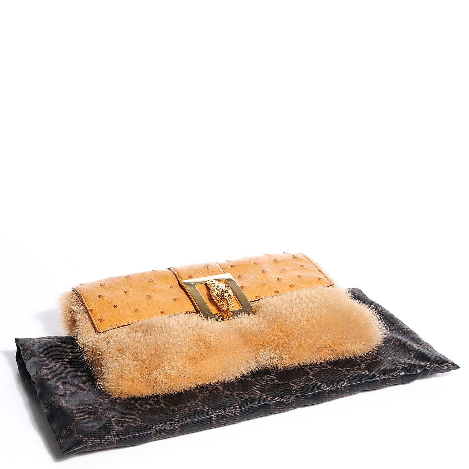 Gucci Mink Ostrich Tiger Head Leather Flap Bag Tan 4 of 9