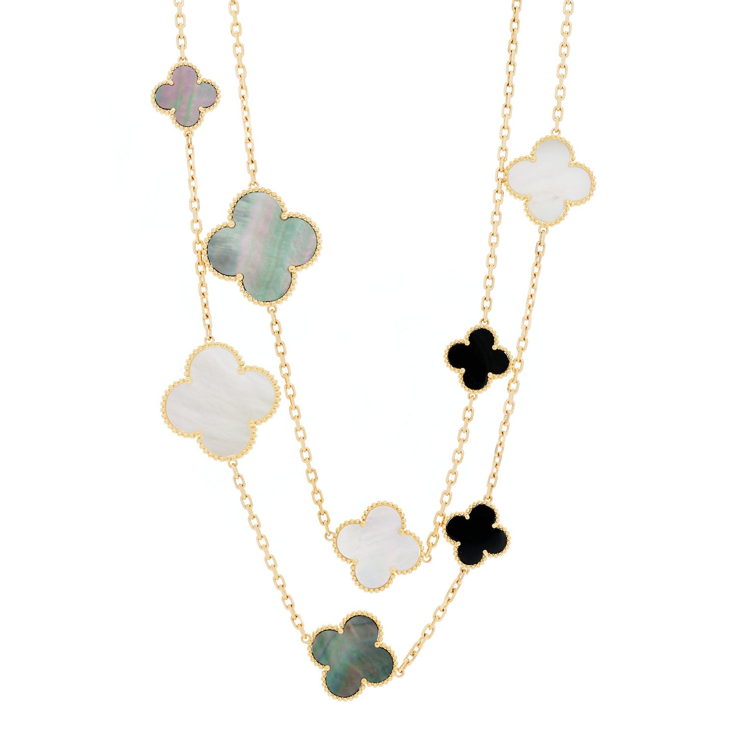 18K Yellow Gold Onyx Mother of Pearl 16 Motifs Magic Alhambra Necklace