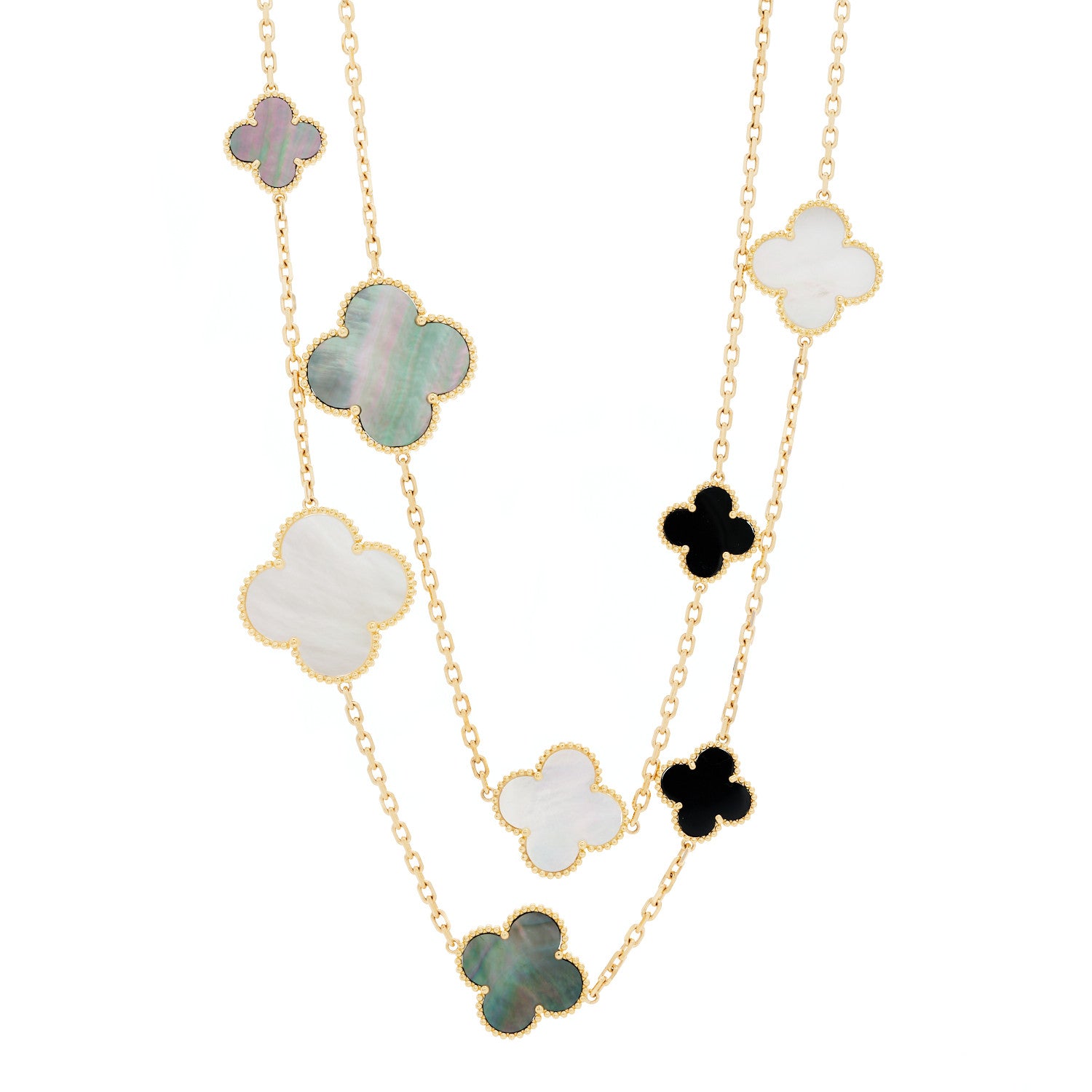 Van Cleef & Arpels 18K Yellow Gold Onyx Mother of Pearl 16 Motifs Magic Alhambra Necklace 1 of 6