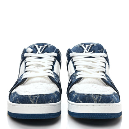 Louis Vuitton Calfskin Embossed Monogram Denim Mens LV Trainer Sneakers 9 Blue 2 of 8