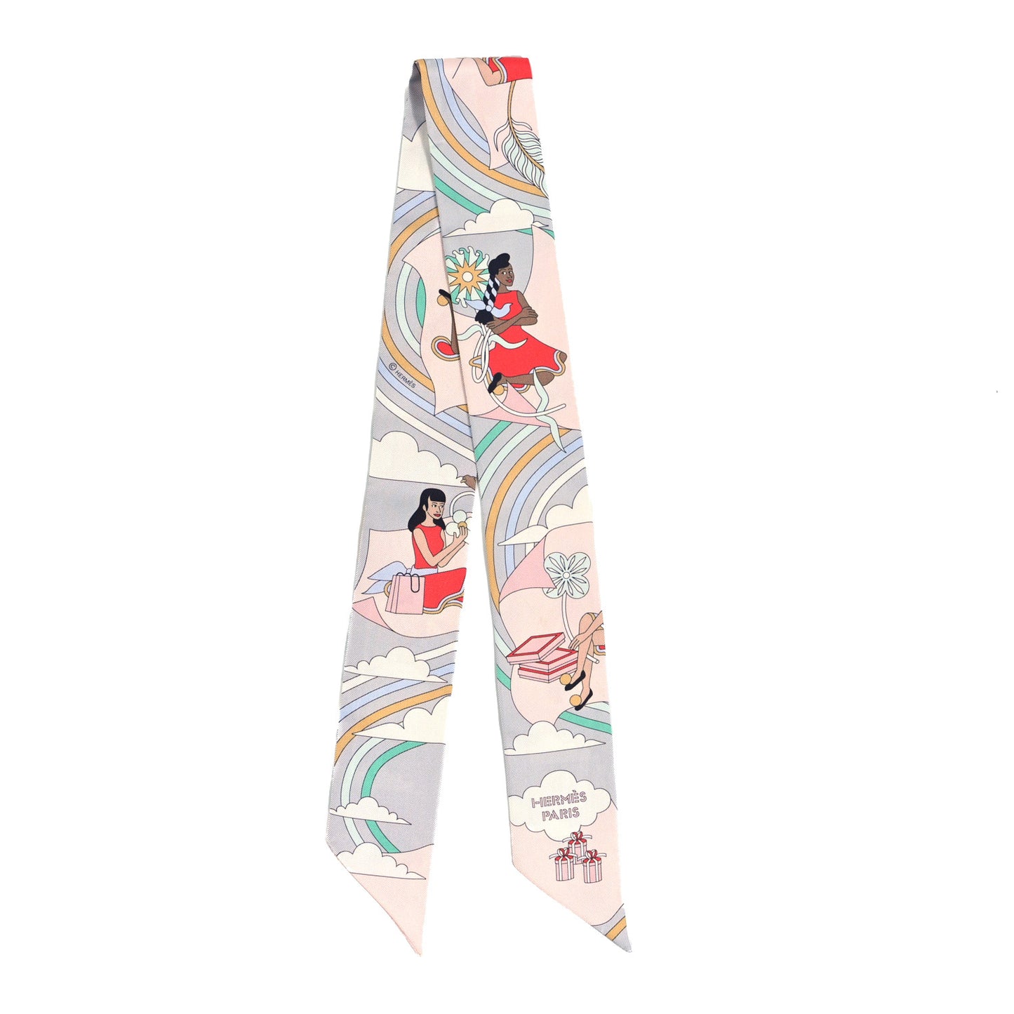 Silk Carres Volants Twilly Grenadine Gris Perle Rose Pale