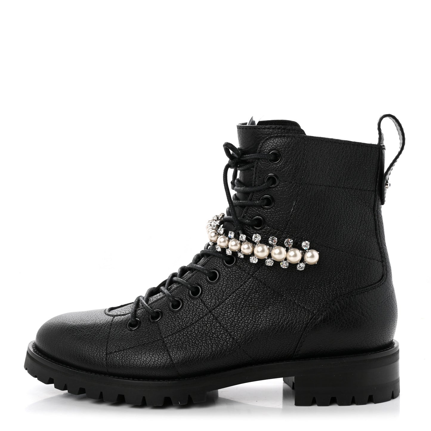 Grained Calfskin Crystal Embellished Cruz Combat Boots 36 Black