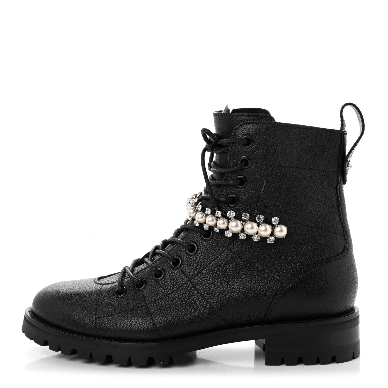 Jimmy Choo Grained Calfskin Crystal Embellished Cruz Combat Boots 36 Black 1 of 8