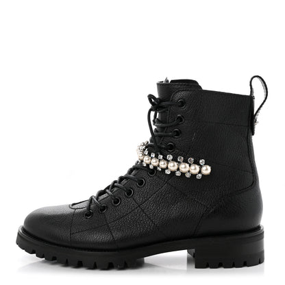 Jimmy Choo Grained Calfskin Crystal Embellished Cruz Combat Boots 36 Black 1 of 8