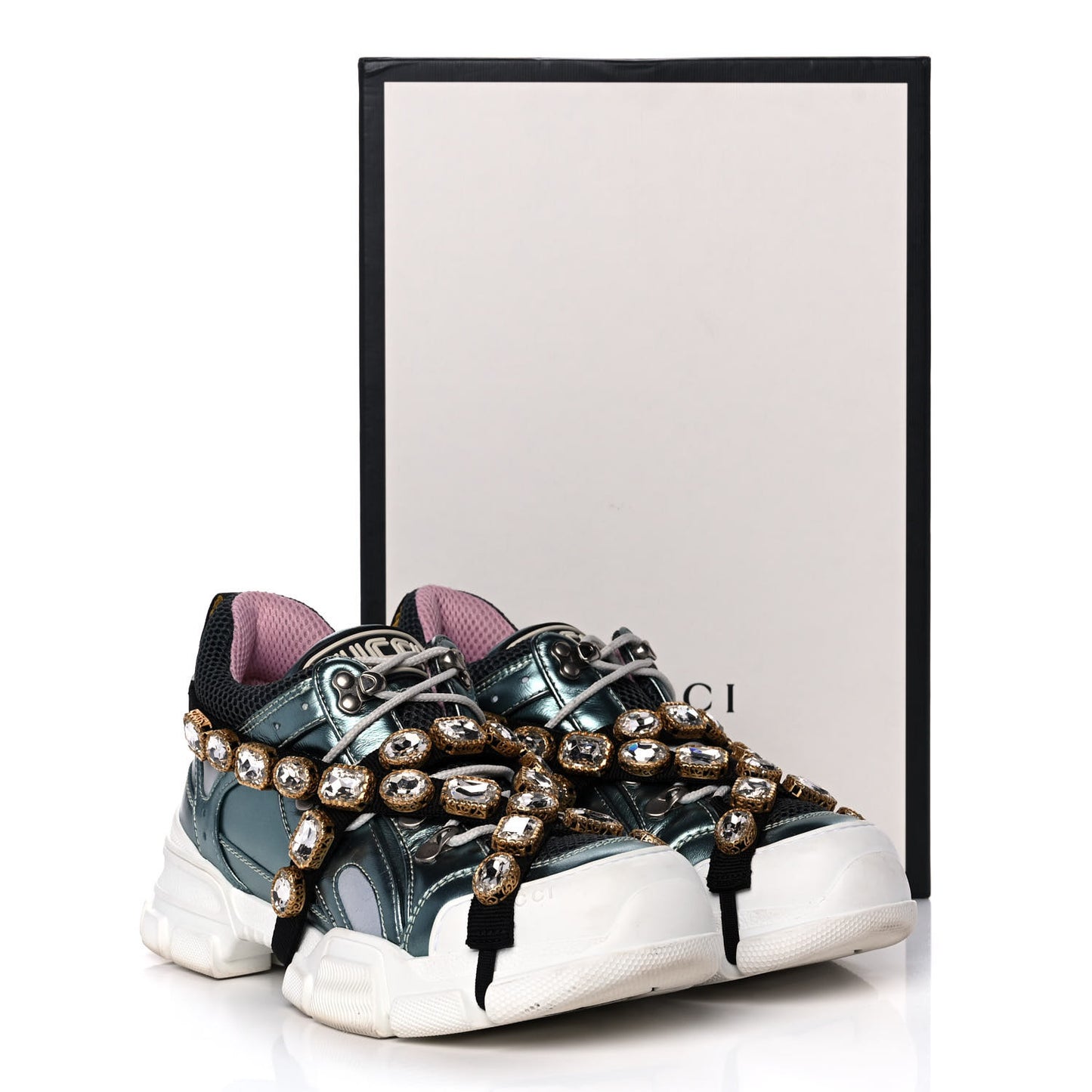 X SEGA Metallic Calfskin Removable Crystals Womens Flashtrek Sneakers 39 Lago Loess Silver