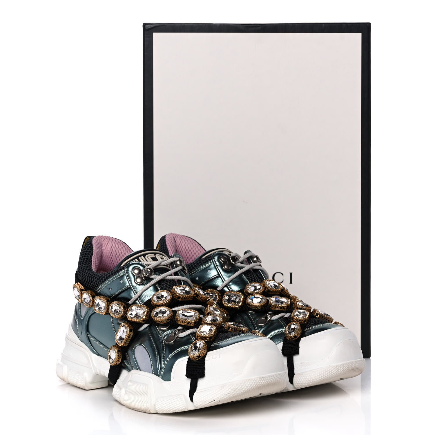 Gucci X SEGA Metallic Calfskin Removable Crystals Womens Flashtrek Sneakers 39 Lago Loess Silver 8 of 8