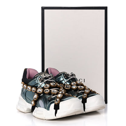 Gucci X SEGA Metallic Calfskin Removable Crystals Womens Flashtrek Sneakers 39 Lago Loess Silver 8 of 8