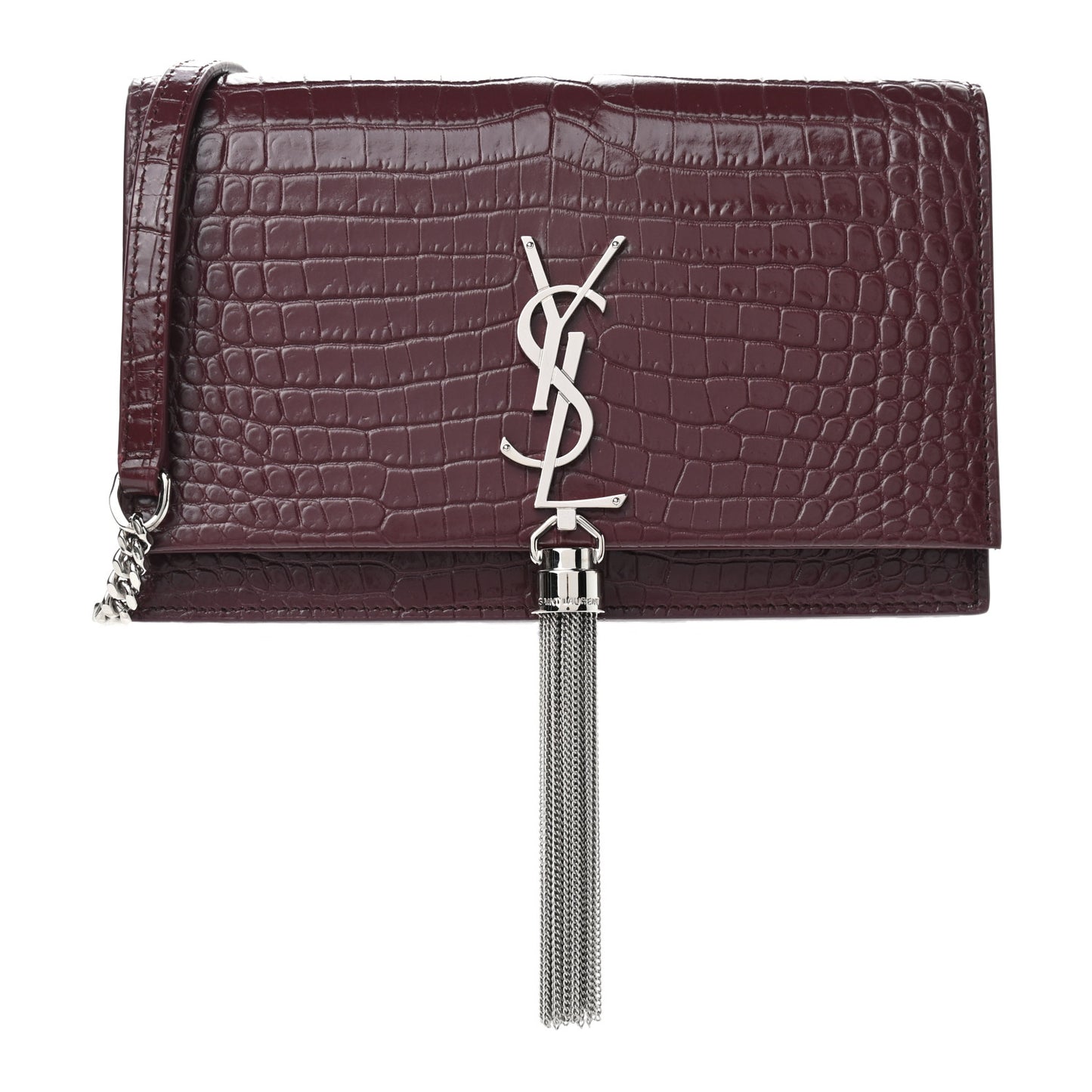 Calfskin Crocodile Embossed Kate Monogram Tassel Chain Wallet Rouge Legion