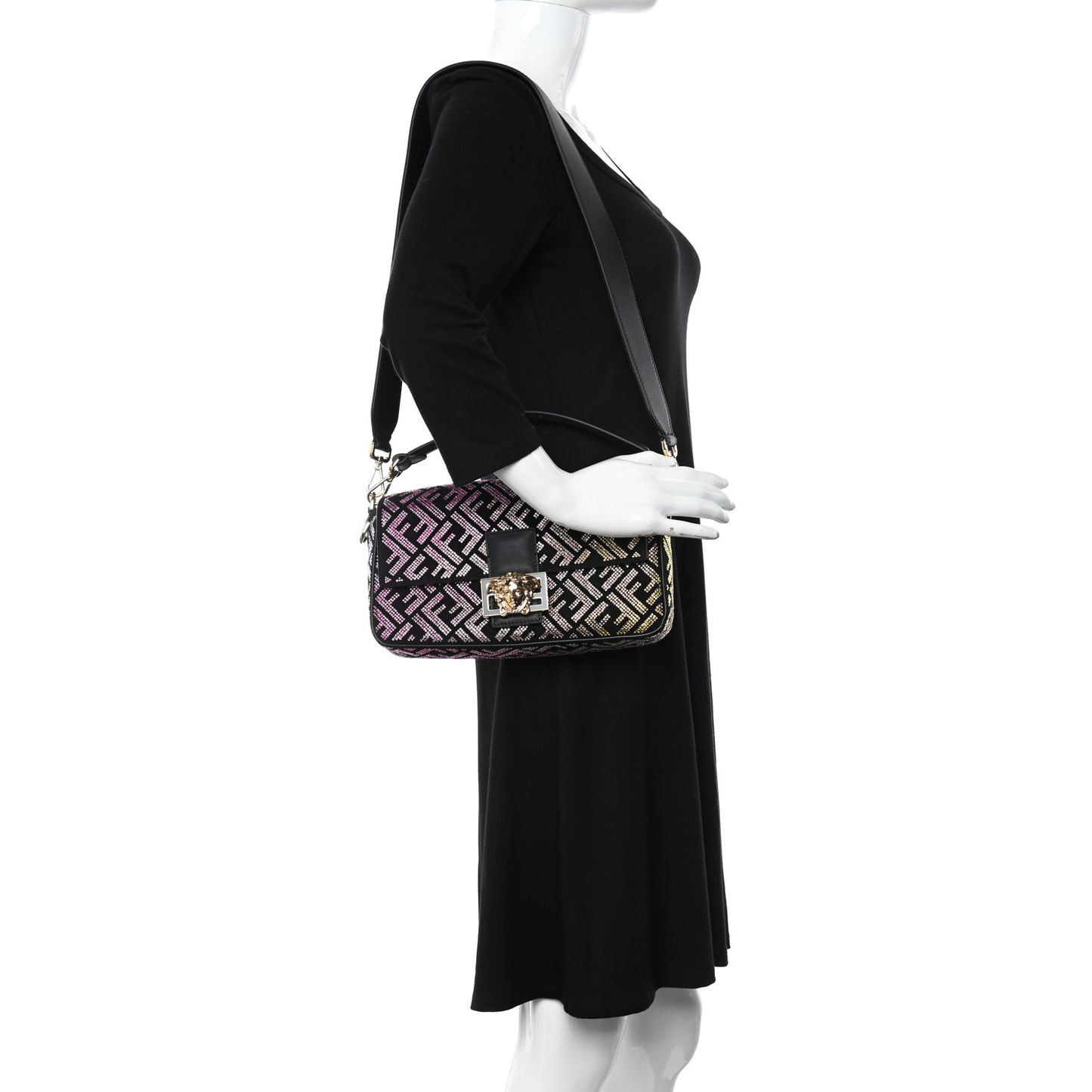 X VERSACE Calfskin Sequin Fendace FF Baguette Black Multicolor