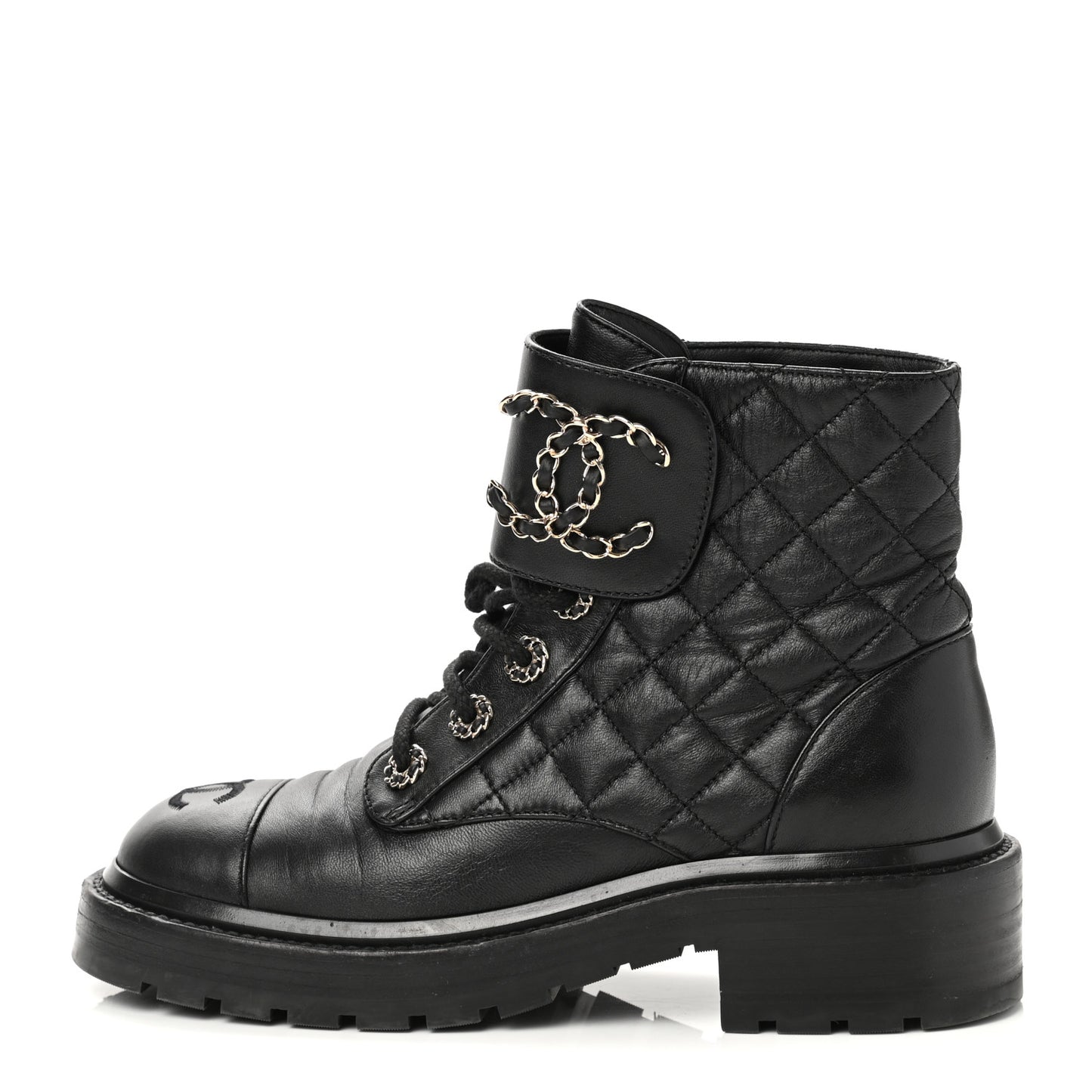 Shiny Lambskin Quilted Lace Up Combat Boots 35.5 Black