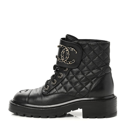 Chanel Shiny Lambskin Quilted Lace Up Combat Boots 35.5 Black 1 of 9