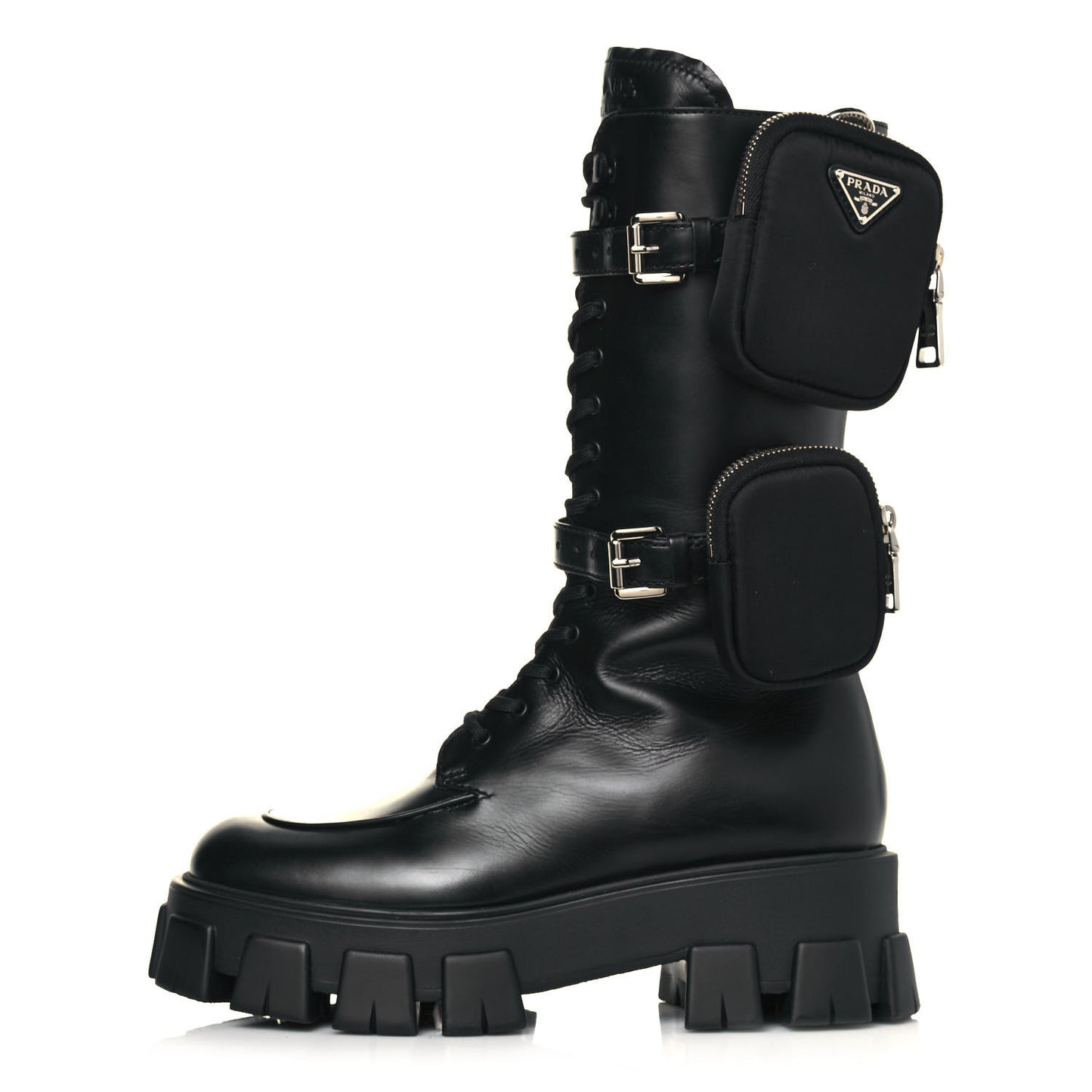 Vitello Lux Nylon Metal Triangle Logo Monolith Pouch Pocket 55mm Tall Combat Boots 40.5 Black