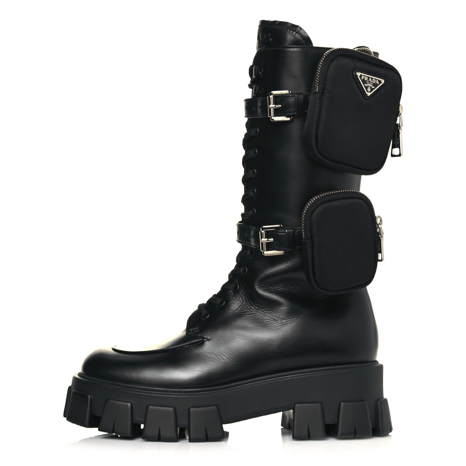 Prada Vitello Lux Nylon Metal Triangle Logo Monolith Pouch Pocket 55mm Tall Combat Boots 40.5 Black 1 of 10