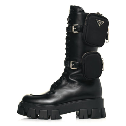 Prada Vitello Lux Nylon Metal Triangle Logo Monolith Pouch Pocket 55mm Tall Combat Boots 40.5 Black 1 of 10