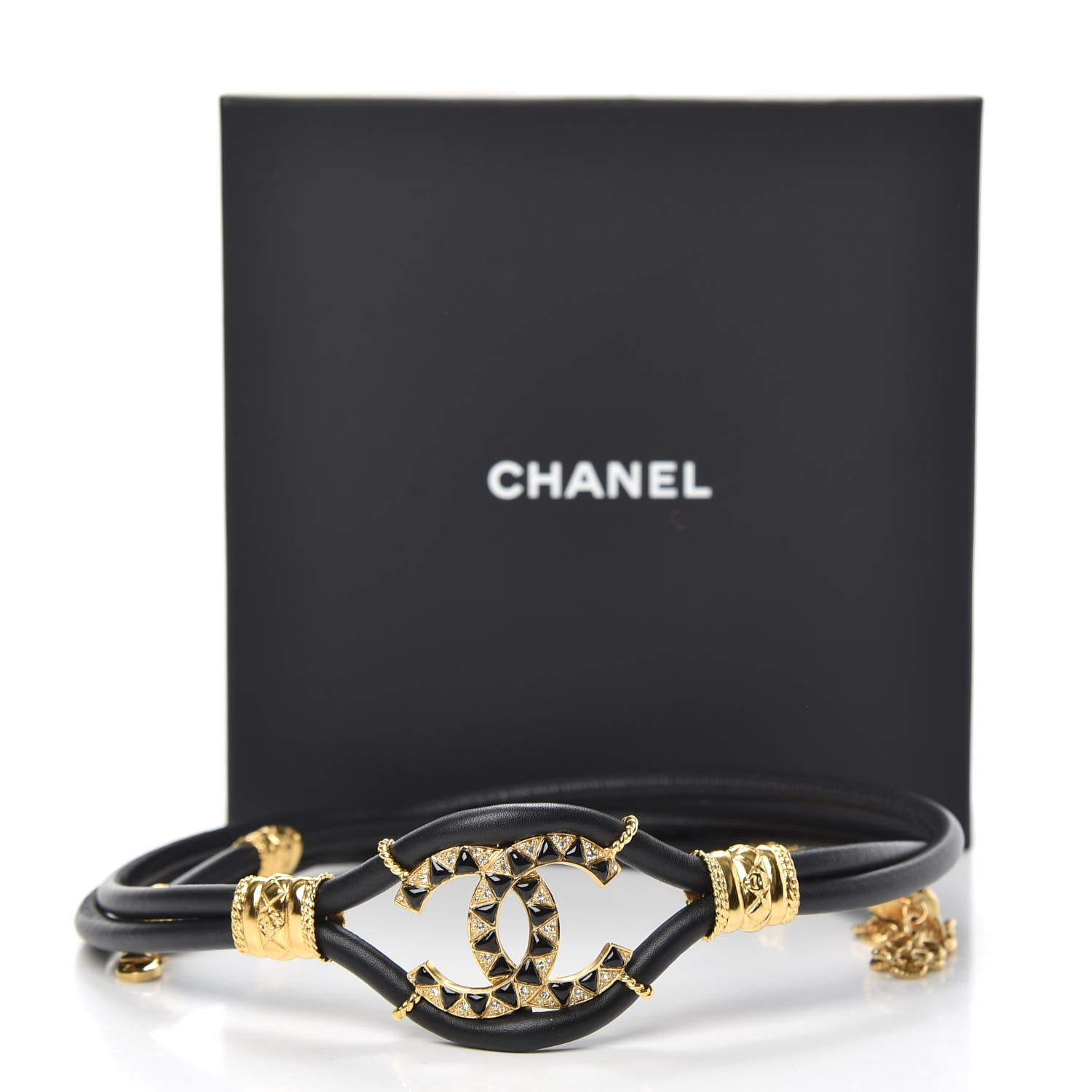 Chanel Calfskin Crystal Gripoix Poured Glass Along The Nile CC Belt 90 Black Gold 4 of 4
