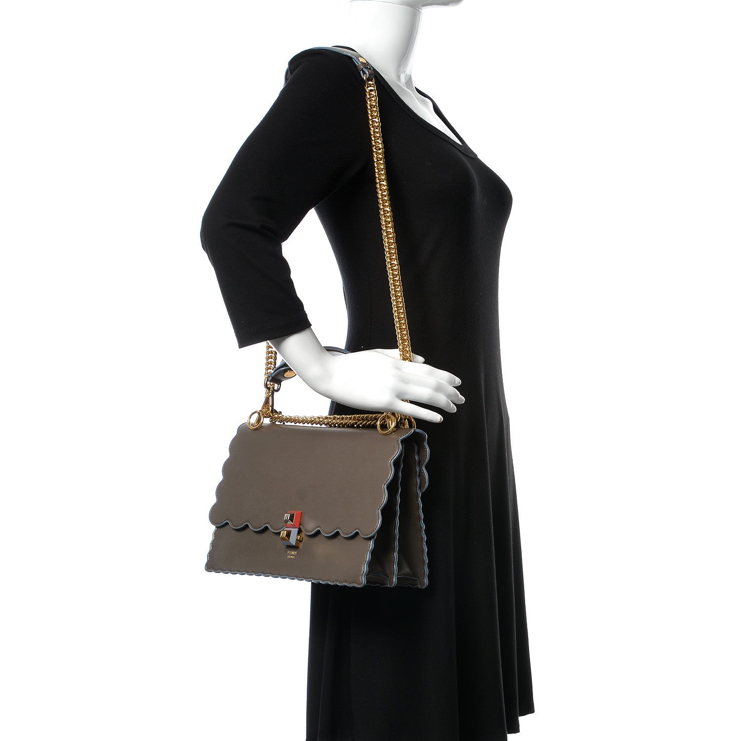 Fendi Vitello Liberty Scalloped Studded Kan I Shoulder Bag Carbone 2 of 13