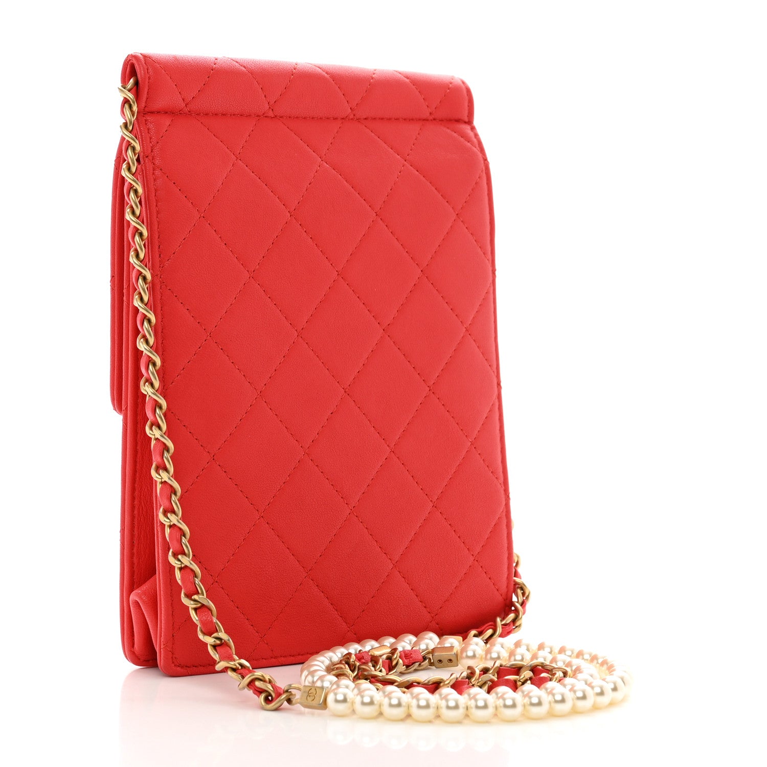 Chanel Lambskin Quilted Pearl Chain Flap Bag Red 3 of 10