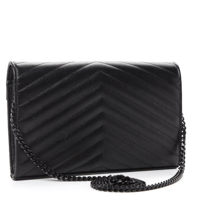 Saint Laurent Grain De Poudre Matelasse Chevron Monogram Chain Wallet Black 3 of 11