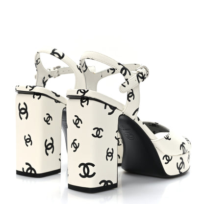 Chanel Printed Lambskin CC Platform Sandals 37.5 White Black 4 of 8