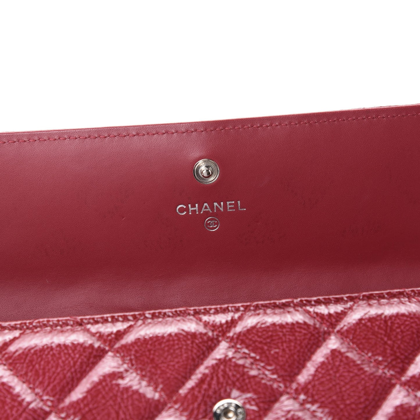 Distressed Patent Calfskin Quilted Large Flap Wallet Dark Pink