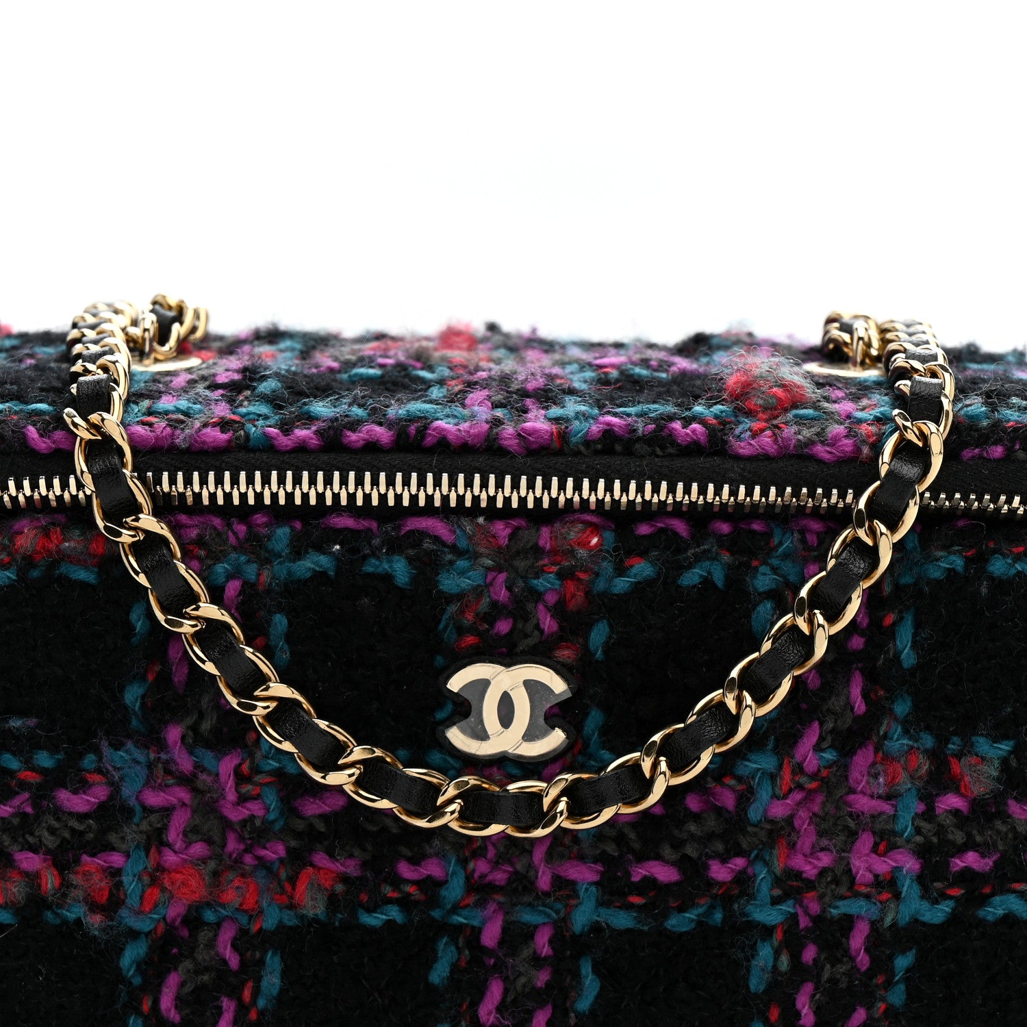 Chanel Tweed Quilted Small Vanity Case With Chain Black Purple Green Red 9 of 12