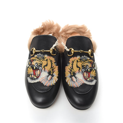 Gucci Calfskin Lambswool Tiger Embroidered Womens Princetown Slippers 38 Black 5 of 9